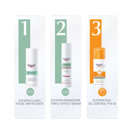 Combo Eucerin DermoPURE Oil Control Gel limpiador x 200 ml + Sérum x 40 ml + Protector Solar Toque Seco Fps 50+ x 50 ml