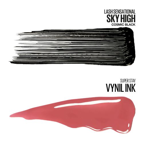 Set de Maquillaje Maybelline: Máscara de Pestañas Sky High Cosmic Black + Labial Vinyl Ink Cheeky