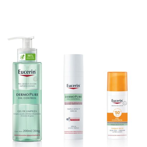 Combo Eucerin Dermopure Oil Control Fluido Matificante + Sérum Triple Efecto + Protector Solar Gel Fps 50