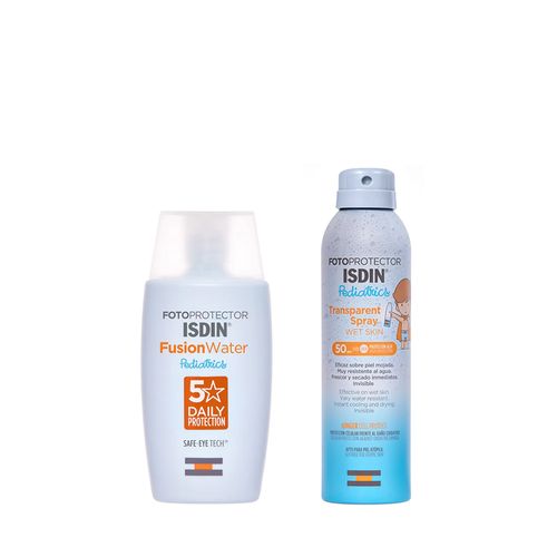 Combo Isdin Fotoprotector Fusion Water Pediátrico Fps 50+ x 50 ml + Fotoprotector en Spray Pediatrics Transparent Wet Skin FPS 50+ x 250 ml