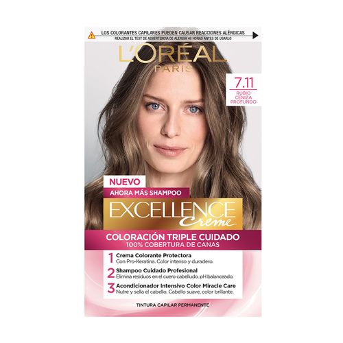 Kit Tintura Excellence Creme Triple Cuidado 7.11 Rubio Ceniza Profundo x 47 g