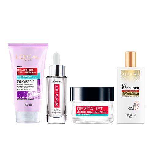 Kit Completo Pieles Mixtas L'Oreal Paris: Gel de limpieza, Sérum Rostro, Gel Crema, Protector Solar Fps 50