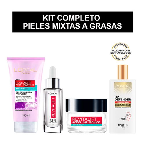 Kit Completo Pieles Mixtas L'Oreal Paris: Gel de limpieza, Sérum Rostro, Gel Crema, Protector Solar Fps 50