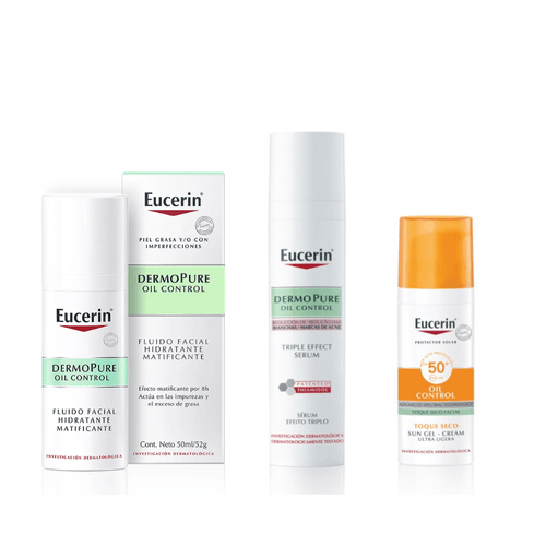 Combo Eucerin Dermopure Oil Control Fluido Matificante + Sérum Triple Efecto + Protector Solar Gel Fps 50