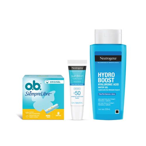 Combo Tampones OB Siempre Libre Medio + Protector Solar Facial Neutrogena Hydro Boost Sin Color FPS 50 + Gel Hidratante Corporal Neutrogena Hydroboost