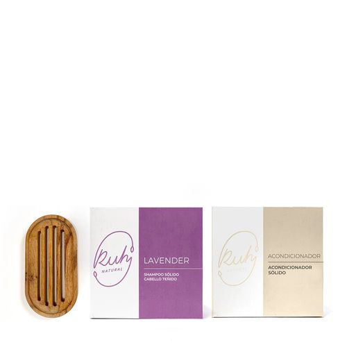 Combo Ruh Shampoo Sólido Cabello Teñido Natural Lavender x 65 g + Acondicionador Sólido x 45 g + Jabonera Redonda Doble