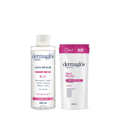 Combo Agua Micelar Dermaglós 6 en 1 x 200 ml + Repuesto x 200 ml