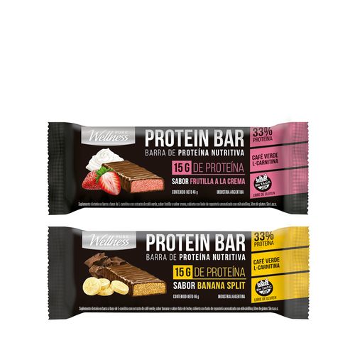 Combo Protein Bar Pure Wellness L-Car Banana Split x 46 g + Frutilla x 46 g
