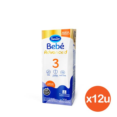 Leche Infantil Líquida Sancor Bebé Advance 3 x 200 ml x 12 un