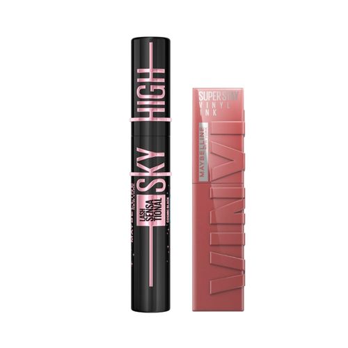 Set de Maquillaje Maybelline: Máscara de Pestañas Sky High Cosmic Black + Labial Vinyl Ink Cheeky