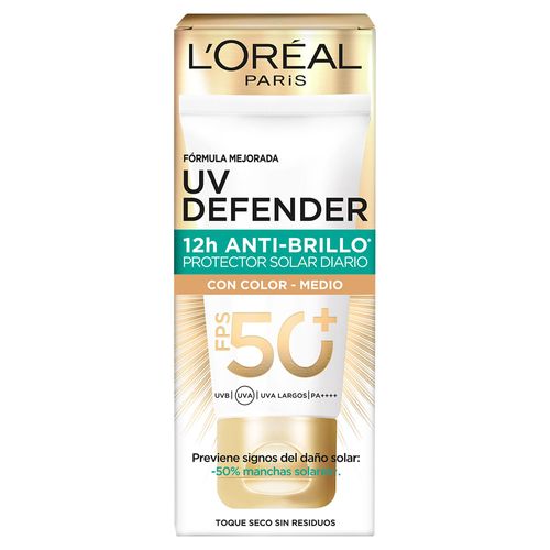 Protector Solar L'Oréal Paris Anti Brillo con color medio fps50 Uv Defender x 40 g