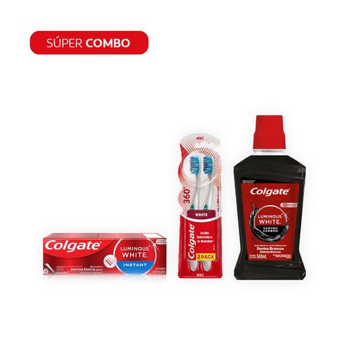 Combo Colgate Luminous Pasta Dental White Instant + Enjuague Bucal White Carbón + Cepillo Dental 360º White