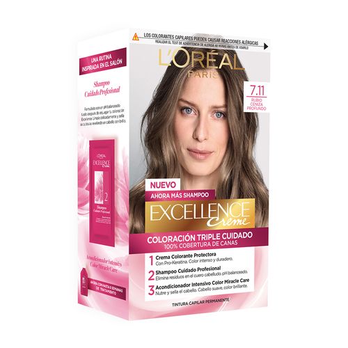 Kit Tintura Excellence Creme Triple Cuidado 7.11 Rubio Ceniza Profundo x 47 g