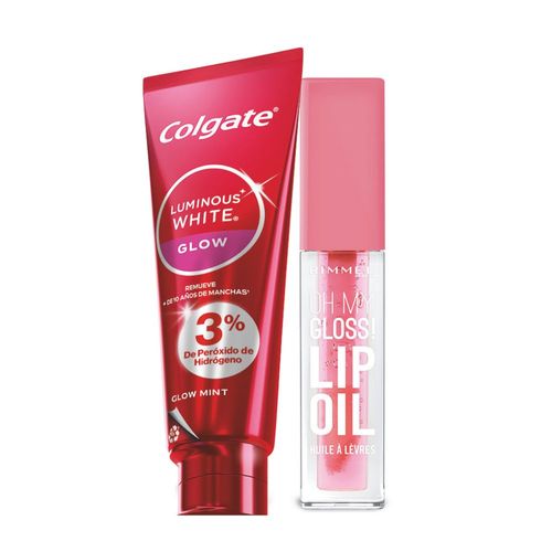 Combo WOW! - Brillo Labial Rimmel Glossy Lip Tono 001 + Pasta Dental Colgate Luminous White Glow x 70 g