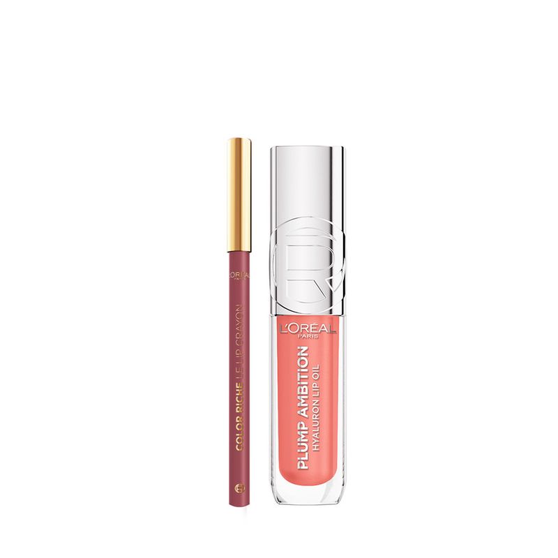 246677_combo-loreal-paris-brillo-labial-voluminizador-plump-ambition-delineador-de-labios-color-riche-le-lip-crayon_imagen-1