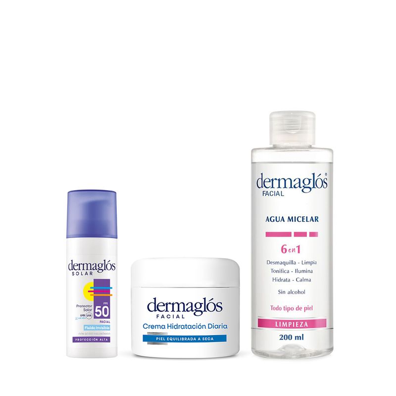 combo-dermaglos-agua-micelar-6-en-1-crema-facial-hidratante-protector-solar-facial-fuido-invisible-fps-50