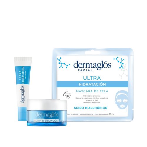 Combo Dermaglós Ultra Hidratación Crema Gel Contorno de Ojos x 15 g + Crema Facial Diaria x 50 g + Máscara de Tela x 15 ml